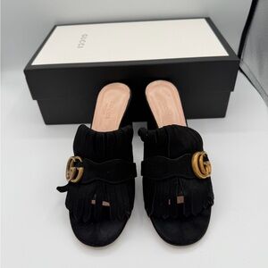 Gucci Marmont Fringe Mule Heels  with Gold Logo Size 37